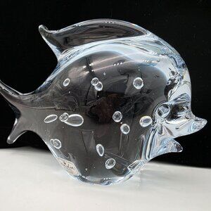 Signed Marcolin Sweden Art Glass Paperweight Fish Figure Bubbles 4.75" Tall